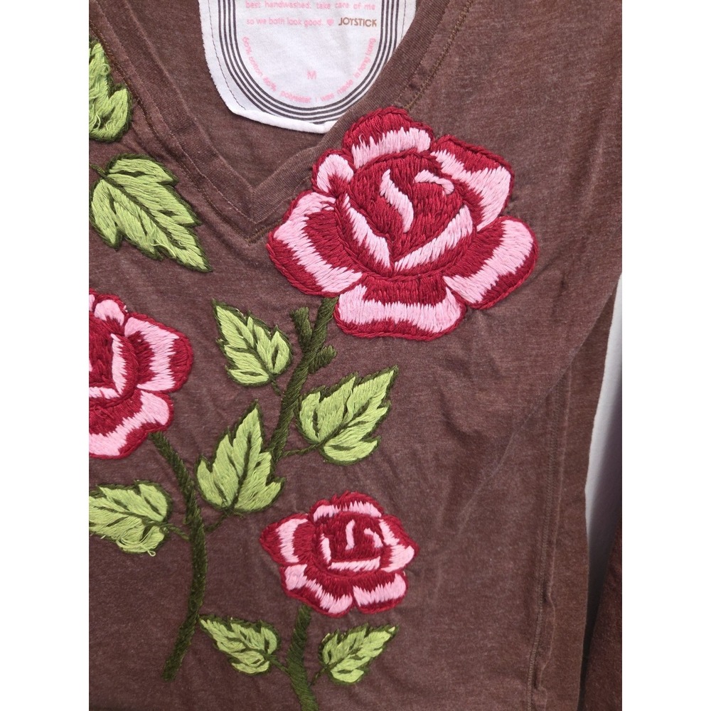 Joystick Johnny Was Roses Floral Hand Embroidered Top Sz M T-shirt Brown Boho - Picture 7 of 13